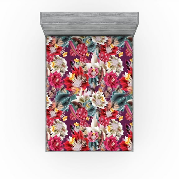 Ambesonne Floral Design Fitted Sheet, Jumble Cactus Flowers, California King, Dark Coral Laurel Green