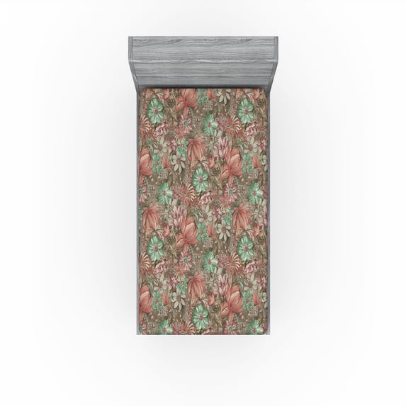 Ambesonne Floral Design Fitted Sheet, Melancholic Flowers, Twin Size, Coral Sea Green Mauve