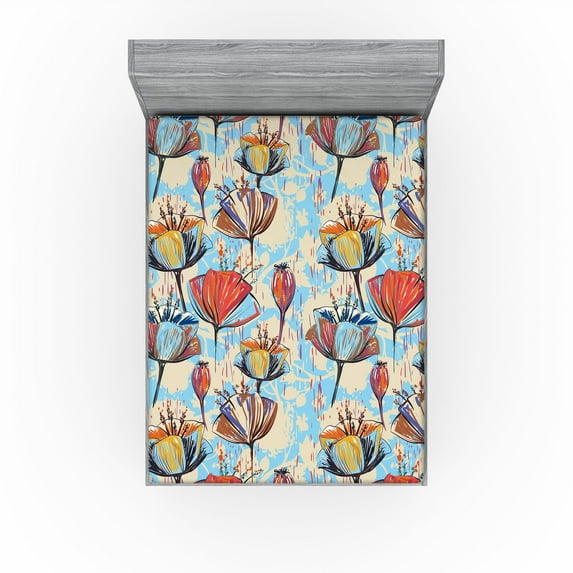 Ambesonne Floral Design Fitted Sheet, Modern Tulip Artwork, California King, Cream Pale Azure Blue Red