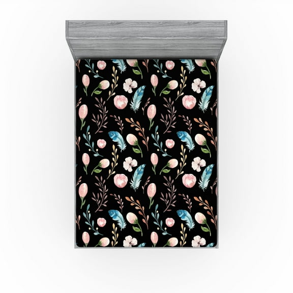 Ambesonne Floral Design Fitted Sheet, Night Flowers Print, California King, Pale Pink Charcoal Grey