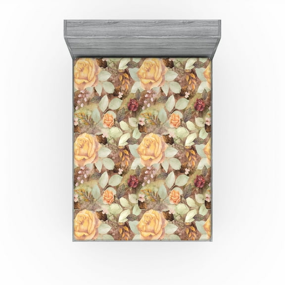 Ambesonne Floral Design Fitted Sheet, Romantic Rose Boho, California King, Pistachio Green Mustard