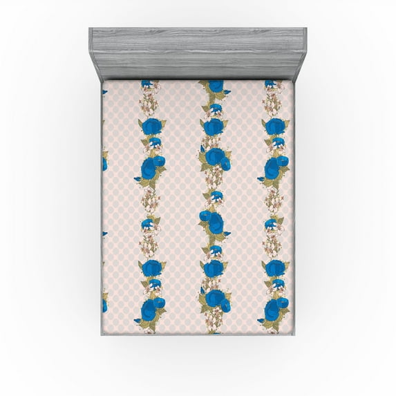 Ambesonne Floral Design Fitted Sheet, Rose Peony Art Dots, Queen Size, Blush Cobalt Blue