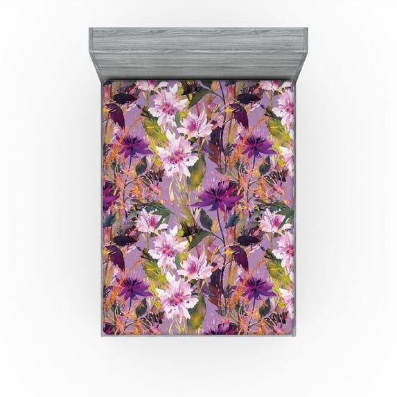 Ambesonne Floral Design Fitted Sheet, Soft Vintage Flowers, Queen Size, Lavender Yellow Green