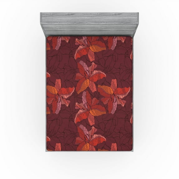 Ambesonne Floral Design Fitted Sheet, Spots Simple Flowers, Full Size, Dark Coral Vermilion Ruby