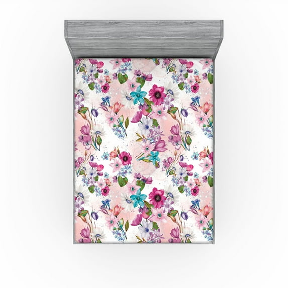 Ambesonne Floral Design Fitted Sheet, Spring Dreamy Flowers, Full Size, Magenta Turquoise Blush