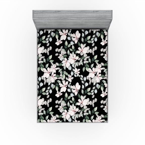 Ambesonne Floral Design Fitted Sheet, Spring Peony Drawing, California King, Pale Rose Reseda Green