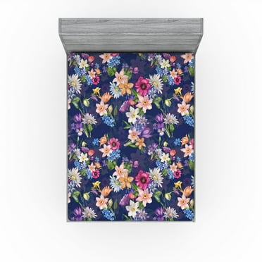 Ambesonne Floral Design Fitted Sheet, Springtime Flower Art, California King, Dark Lavender Multicolor