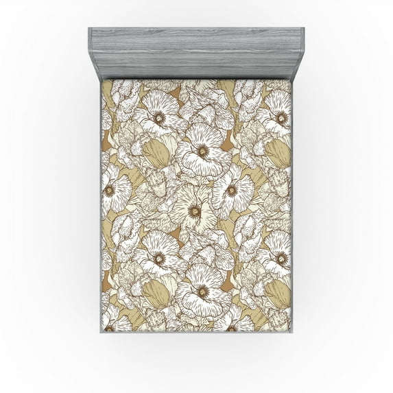 Ambesonne Floral Design Fitted Sheet, Vintage Poppy Print, Full Size, Khaki White Pale Green