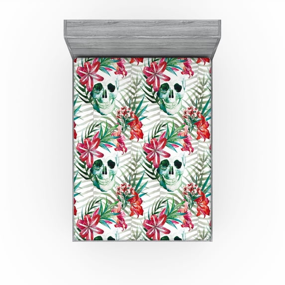 Ambesonne Floral Design Fitted Sheet, Watercolor Skull Art, California King, Dark Coral Jade Green