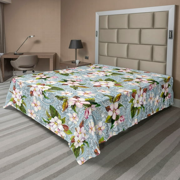 Ambesonne Floral Design Flat Bedding Sheet Soft Top Sheet, Asian Floral Spring, California King, Pale Pink Forest Green