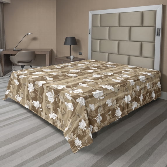 Ambesonne Floral Design Flat Bedding Sheet Soft Top Sheet, Autumn Flowers Beige, King, White Umber Pale Camel