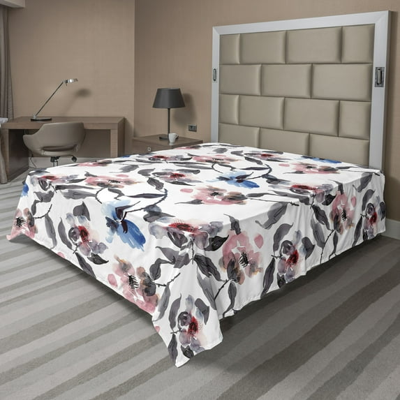 Ambesonne Floral Design Flat Bedding Sheet Soft Top Sheet, Blooming Branches Art, California King, Dimgray Rose and Blue