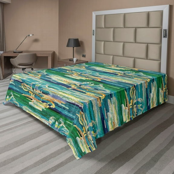 Ambesonne Floral Design Flat Bedding Sheet Soft Top Sheet, Botany Flowers Print, King, Fern Green and Mustard