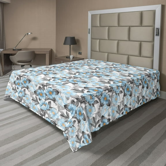 Ambesonne Floral Design Flat Bedding Sheet Soft Top Sheet, Drawings of Flowers, California King, Deep Sky Blue Pale Grey