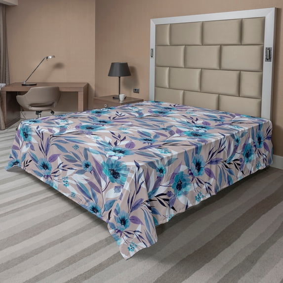 Ambesonne Floral Design Flat Bedding Sheet Soft Top Sheet, Dreamy Vintage Flower, Queen, Sea Blue Pale Eggplant
