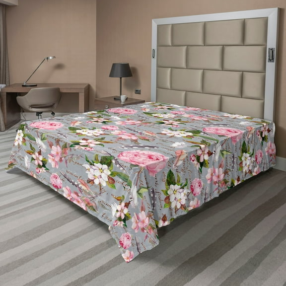 Ambesonne Floral Design Flat Bedding Sheet Soft Top Sheet, Flowers Leaves Fuzz, Full, Pale Pink Forest Green