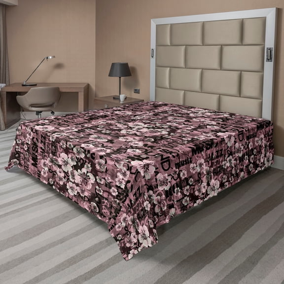 Ambesonne Floral Design Flat Bedding Sheet Soft Top Sheet, Music Sound Writing, Queen, Pale Pink Charcoal Grey