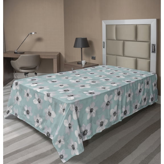 Ambesonne Floral Design Flat Bedding Sheet Soft Top Sheet, Romantic Anemone Art, Twin, Almond Green Off White