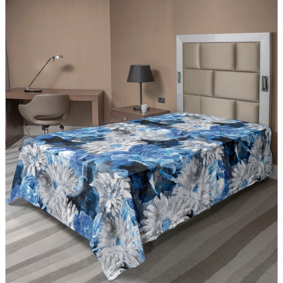 Ambesonne Floral Design Flat Bedding Sheet Soft Top Sheet, Winter Colors Gerbera, Twin, Pale Grey Cobalt Blue