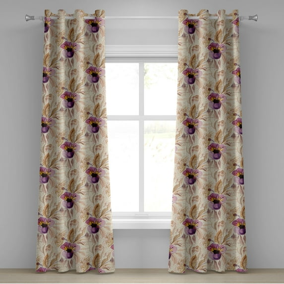 Ambesonne Floral Design Grommet Curtain, Bloom Vintage Neutral, 50"x96", Eggplant Lilac Champagne