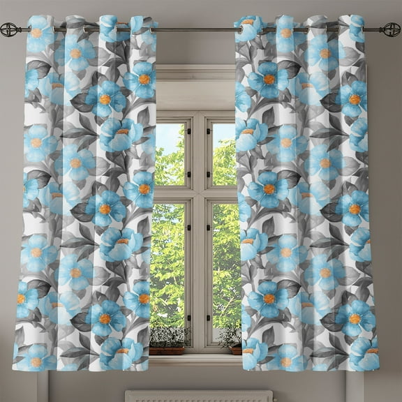 Ambesonne Floral Design Grommet Curtain, Drawings of Flowers, 50"x60", Deep Sky Blue Pale Grey