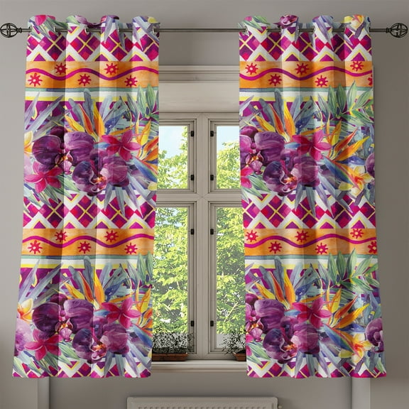 Ambesonne Floral Design Grommet Curtain, Floral Watercolor Art, 50"x60", Magenta Pistachio Green