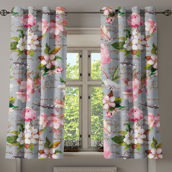 Ambesonne Floral Design Grommet Curtain, Flowers Leaves Fuzz, 50"x60", Pale Pink Forest Green