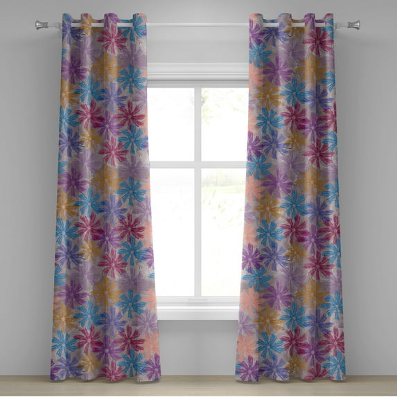 Ambesonne Floral Design Grommet Curtain, Flowers Psychedelic, 50"x84", Violet Deep Sky Blue