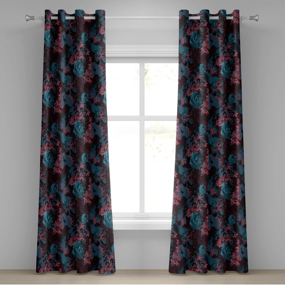 Ambesonne Floral Design Grommet Curtain, Gothic Japanese Bloom, 50"x84", Dark Coral Deep Sky Blue