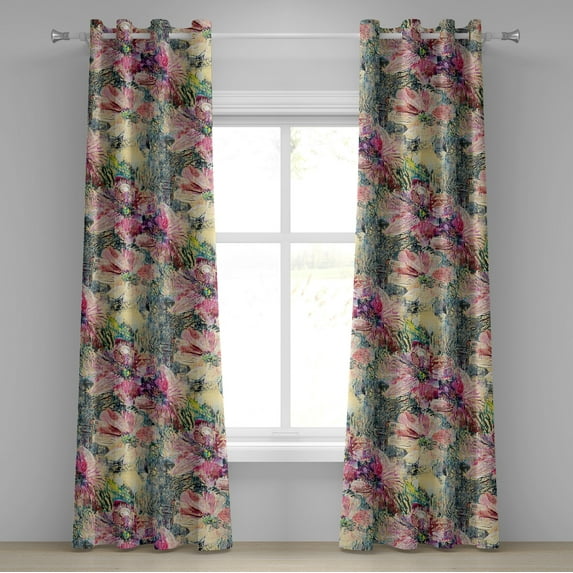 Ambesonne Floral Design Grommet Curtain, Grunge Flowers Meadow, 50"x84", Hot Pink Pastel Yellow