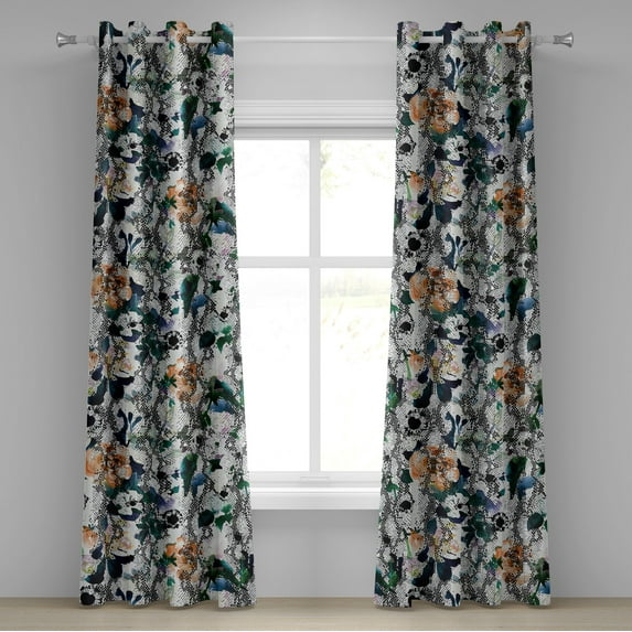 Ambesonne Floral Design Grommet Curtain, Grunge Flowers Petals, 50"x120", Salmon Hunter Green White