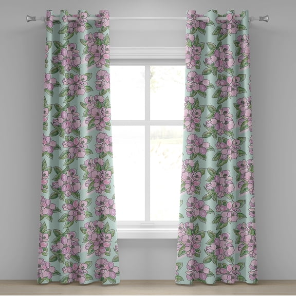 Ambesonne Floral Design Grommet Curtain, Leafy Pattern Flowers, 50"x108", Pale Fuchsia Fern Green
