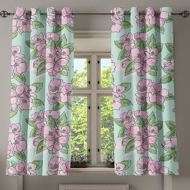 Ambesonne Floral Design Grommet Curtain, Leafy Pattern Flowers, 50"x60", Pale Fuchsia Fern Green