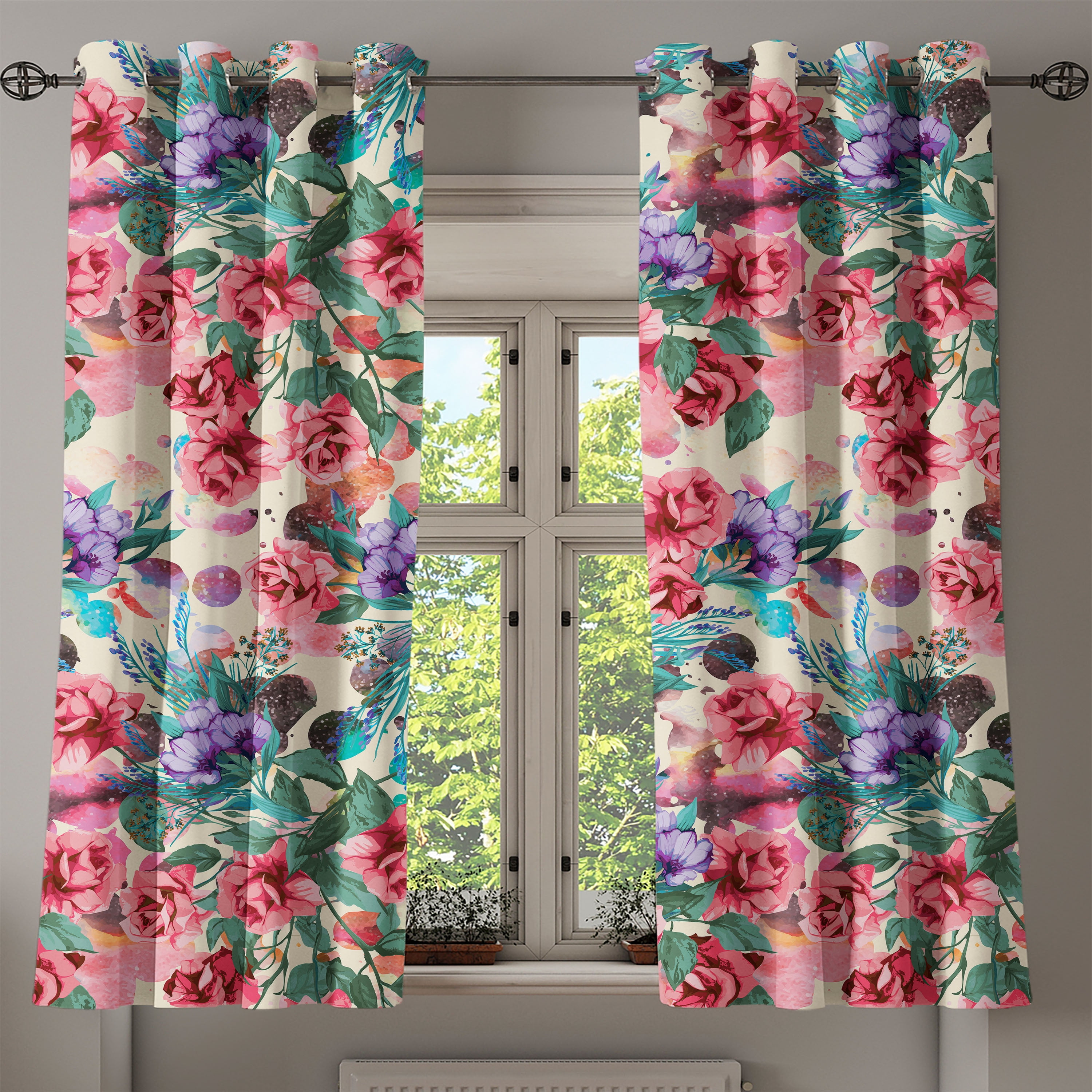 Ambesonne Floral Design Grommet Curtain, Leaves and Rose Print, 50