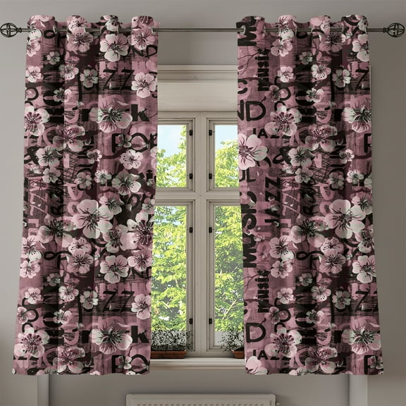 Ambesonne Floral Design Grommet Curtain, Music Sound Writing, 50"x60", Pale Pink Charcoal Grey