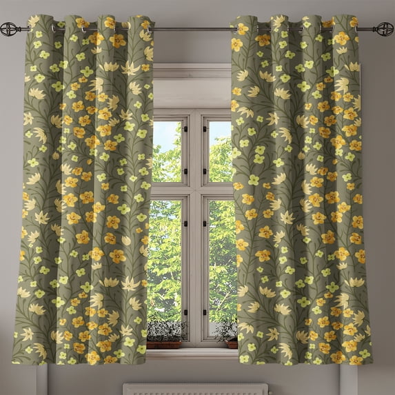 Ambesonne Floral Design Grommet Curtain, Neutral Spring Flower, 50"x63", Apple Green Mustard