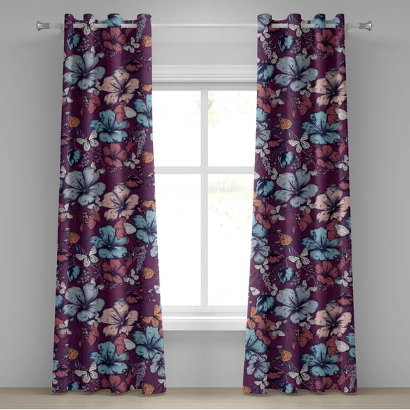 Ambesonne Floral Design Grommet Curtain, Nostalgic Hibiscus, 50"x84", Plum Deep Sky Blue
