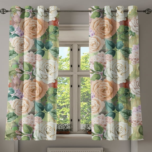Ambesonne Floral Design Grommet Curtain, Nostalgic Rose Art, 50"x60", Peacock Green Champagne