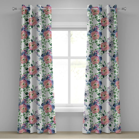 Ambesonne Floral Design Grommet Curtain, Peony Lilac Pattern, 50"x96", Coral Fern Green Cream