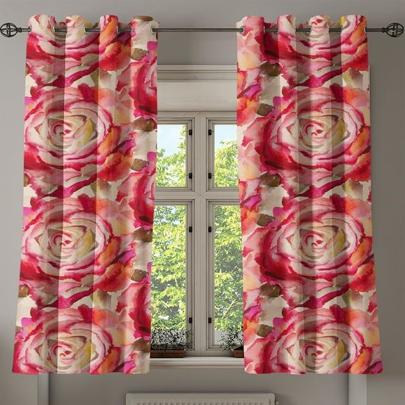 Ambesonne Floral Design Grommet Curtain, Retro Rose Pattern, 50"x60", Dark Coral Peacock Green