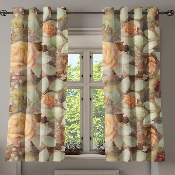 Ambesonne Floral Design Grommet Curtain, Romantic Rose Boho, 50"x60", Pistachio Green Mustard