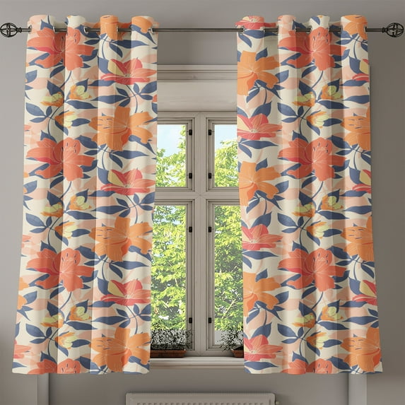 Ambesonne Floral Design Grommet Curtain, Simple Lily Clematis, 50"x63", Coral Purpleblue Cream