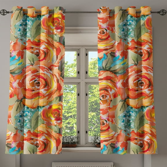 Ambesonne Floral Design Grommet Curtain, Summer Boho Floral, 50"x60", Vermilion Peacock Green