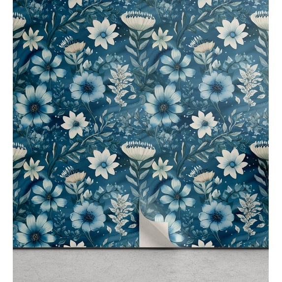 Ambesonne Floral Design Peel & Stick Wallpaper for Home, Aquatic Colors Flower, 13"x72", Sea Blue Eggshell