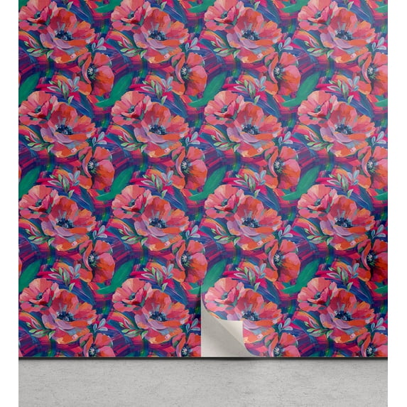 Ambesonne Floral Design Peel & Stick Wallpaper for Home, Art Watercolor Roses, 13"x72", Sea Green Coral Indigo