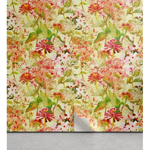 Ambesonne Floral Design Peel & Stick Wallpaper for Home, Asian Flowers Dreamy, 13"x72", Apple Green Coral