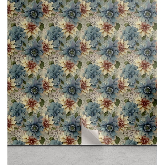 Ambesonne Floral Design Peel & Stick Wallpaper for Home, Autumnal Flowers Boho, 13"x36", Pale Teal Cream Pale Ruby
