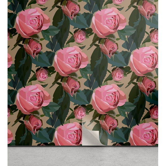 Ambesonne Floral Design Peel & Stick Wallpaper for Home, Delicate Rose Pattern, 13"x36", Pastel Pink Dark Teal