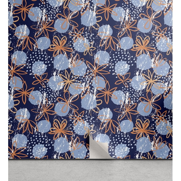 Ambesonne Floral Design Peel & Stick Wallpaper for Home, Grungy Modern Flowers, 13"x36", Dark Indigo Burnt Sienna