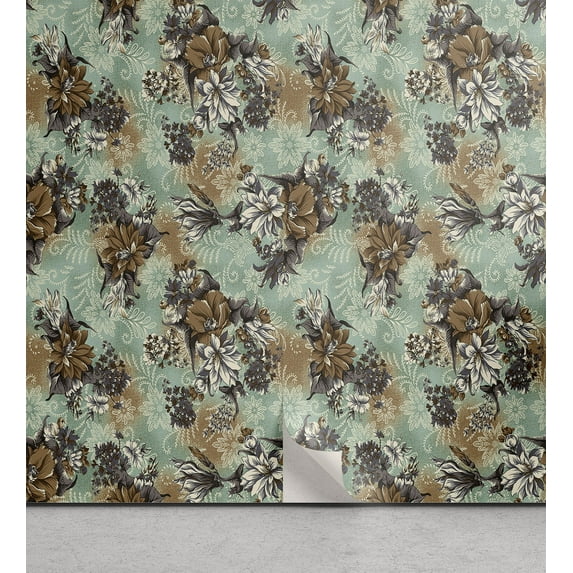 Ambesonne Floral Design Peel & Stick Wallpaper for Home, Japanese Anime Blooms, 13"x72", Almond Green Dark Khaki
